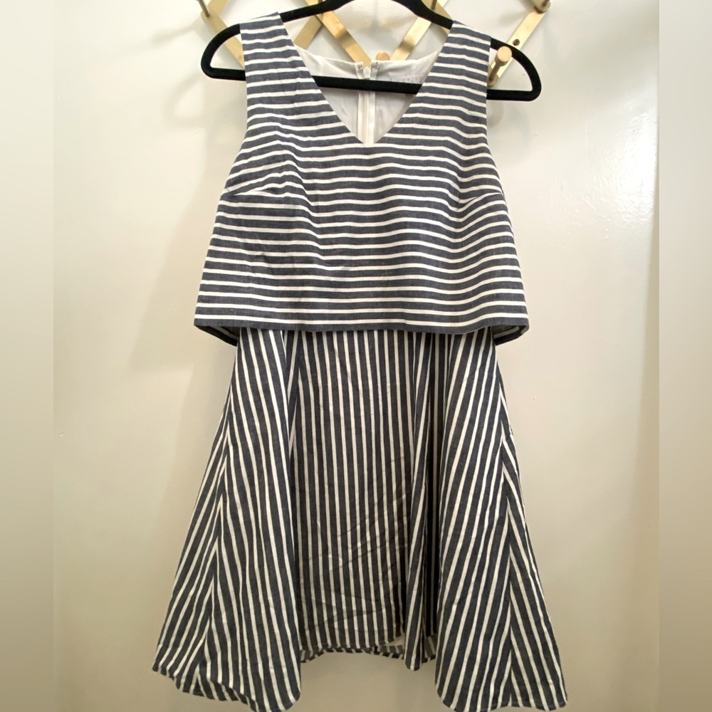 Anthro 1.STATE Cotton Linen Dress Striped Navy White Dress Sz Small Coastal Chic